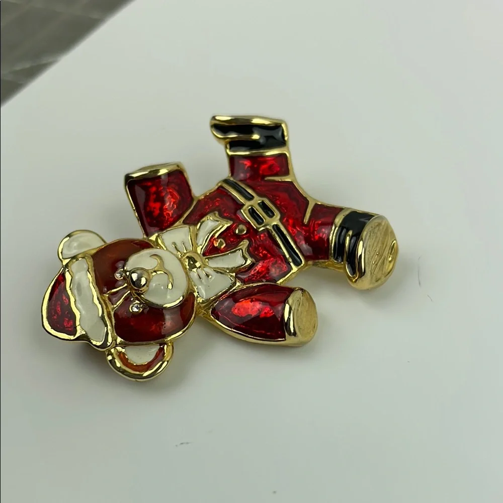 Vintage Christmas Teddy Bear Brooch Red Gold Enamel